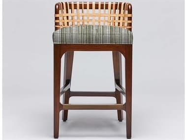 Interlude Home Palms Fabric Upholstered Mahogany Wood Chestnut Natural Rattan Dark Antique Brass Sage Counter Stool ILW149966104