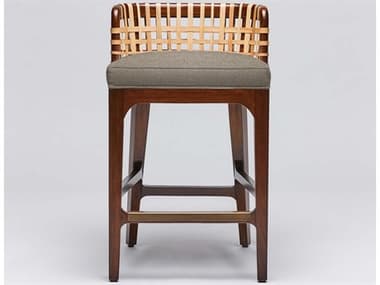 Interlude Home Palms Fabric Upholstered Mahogany Wood Chestnut Natural Rattan Dark Antique Brass Pebble Counter Stool ILW149966105