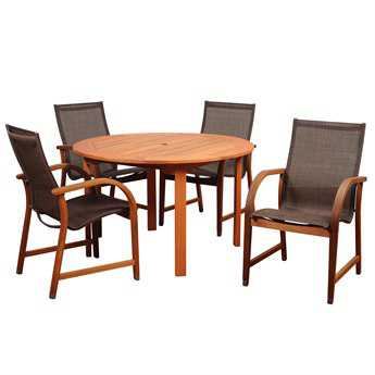 International Home Miami Amazonia Bahamas 5 Piece Ecualyptus Round Dining Set with Brown Sling Chair IMBT3654MANHABR