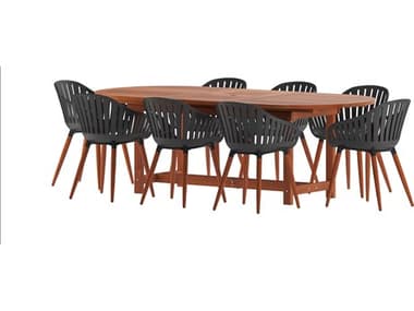 International Home Miami Amazonia Hungaroring Eucalyptus 9 Piece Outdoor Oval Extendable Dining Set with Black Chairs IMNET3598CANNESBKPAR
