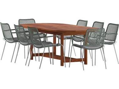 International Home Miami Amazonia Hungaroring Eucalyptus 9 Piece Outdoor Oval Extendable Dining Set with Grey Plastic Chairs IMNET3598OBERONGR