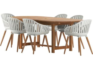 International Home Miami Amazonia Francorchamps Eucalyptus 7 Piece Outdoor Oval Extendable Dining Set with Grey Chairs IMNET3606CANNESGRPAR