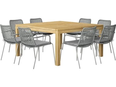 International Home Miami Amazonia Fangio Teak 9 Piece Outdoor Square Dining Set with 6 Grey Chairs IMNETRINSQ8OBERONGR