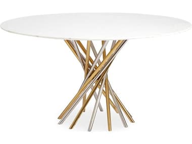 Jonathan Adler Electrum Round White Marble Brass Nickel Dining Table JON27584