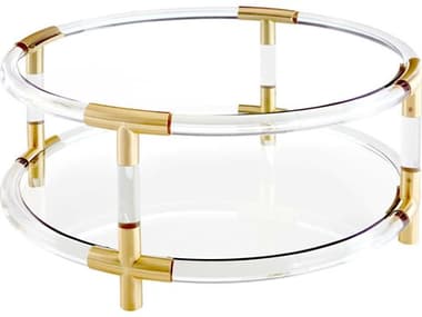 Jonathan Adler Jacques 44" Round Glass Clear Acrylic Brushed Brass Coffee Table JON32275