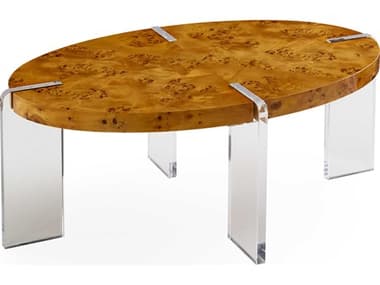 Jonathan Adler Bond 42" Oval Wood Natural Burled Mappa Clear Acrylic Coffee Table JON32867