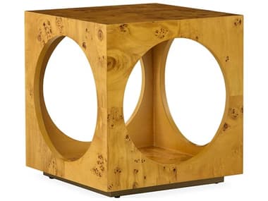 Jonathan Adler Bond Cube 18" Square Wood Natural Burled Mappa Antique Brass End Table JON32875