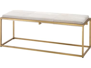 Jamie Young Shelby White Hide Antique Brass Metal Gold Leather Accent Bench JYC20SHELBEWH