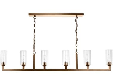 Jamie Young Linear 6-Light Antique Brass Clear Glass Cylinder Island Pendant JYC5LINE6ABCL