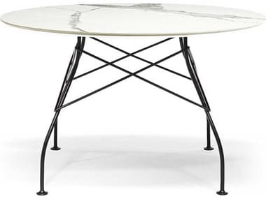 Kartell Glossy 46" Round Stone White Marble Black Dining Table KAR4565MB