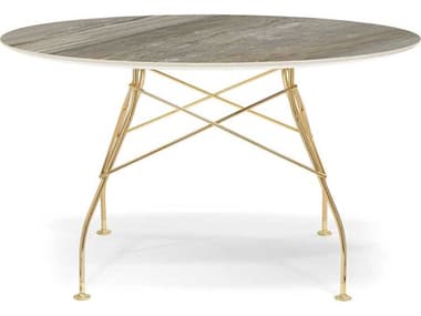 Kartell Glossy 50" Round Stone Marble Gray Gold Dining Table KAR4580MG