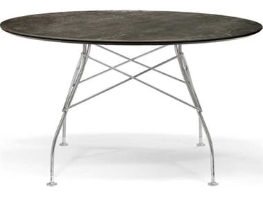 Kartell Glossy 50" Round Stone Marble Aged Bronze Chrome Dining Table KAR4584CN