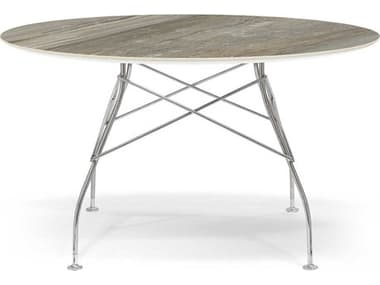 Kartell Glossy 50" Round Stone Marble Gray Chrome Dining Table KAR4584MG