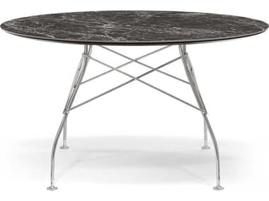Kartell Glossy 50" Round Stone Marble Brown Emperador Chrome Dining Table KAR4584MM