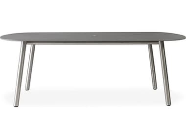 Lloyd Flanders Elevation Stainless Steel 84''W x 44''D Oval Light Gray Corian Top Dining Table with Umbrella Hole LF306084