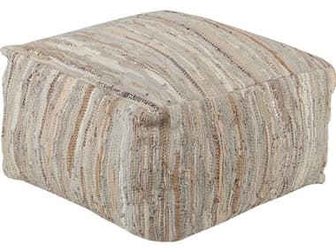 Livabliss by Surya Anthracite 24" Cream Ivory Pale Blue Brown Fabric Upholstered Ottoman LIVATPF001