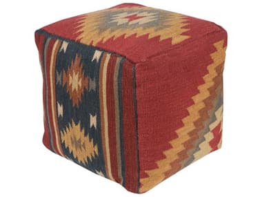 Livabliss by Surya Frontier 18" Brick Red Dark Blue Camel Brown Fabric Upholstered Ottoman LIVPOUF16