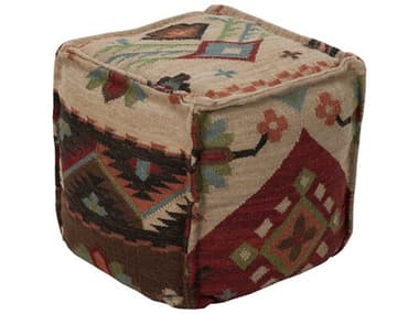 Livabliss by Surya Frontier 18" Brick Red Tan Brown Fabric Upholstered Ottoman LIVPOUF17