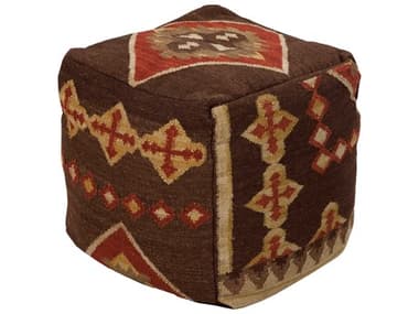 Livabliss by Surya Frontier 18" Dark Brown Brick Red Mustard Fabric Upholstered Ottoman LIVPOUF19