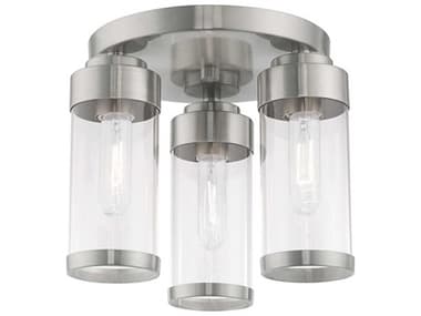 Livex Lighting Hillcrest 12" 3-Light Brushed Nickel Clear Glass Cylinder Semi Flush Mount LV4047491