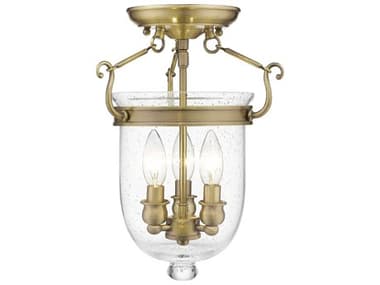 Livex Lighting Jefferson 10" 3-Light Antique Brass Glass Bell Semi Flush Mount LV508101