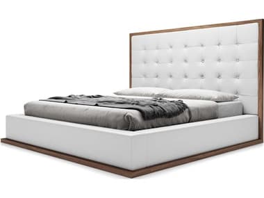 ModLuxe Wigan White Eco Leather And Walnut Pine Wood Upholstered Queen Platform Bed MDLMD317QWALWHT