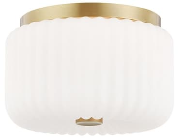 Mitzi Lydia 10&quot; 2-Light Aged Brass White Glass Drum Flush Mount MITH340502AGB