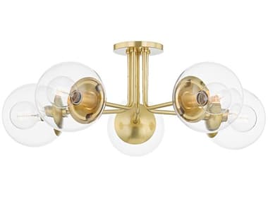 Mitzi Meadow 30" 5-Light Aged Brass Glass Globe Semi Flush Mount MITH503605AGB