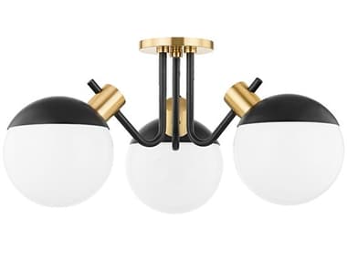 Mitzi Miranda 23" 3-Light Aged Brass Soft Black White Glass LED Globe Semi Flush Mount MITH573603AGBSBK