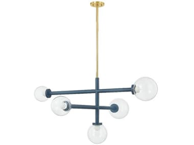 Mitzi Sia 43" Wide 5-Light Aged Brass Slate Blue Globe Chandelier MITH883805AGBSBL