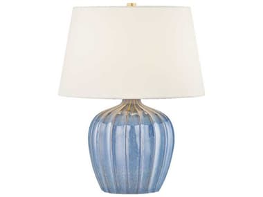 Mitzi Myla Aged Brass Ceramic Spring Lake White Linen Fabric Blue Table Lamp MITHL1029201AGBCSL
