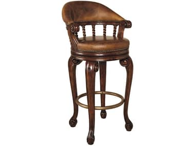 Maitland Smith Leather Swivel Upholstered Mahogany Wood Dark Antique Lido Bar Stool MS810044