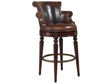 Maitland Smith Leather Swivel Upholstered Mahogany Wood Regency Bar Stool MS811542