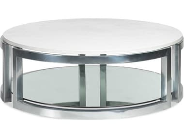 Maitland Smith Naples 54" Round Stone Polished Nickel White Cocktail Table MS830033
