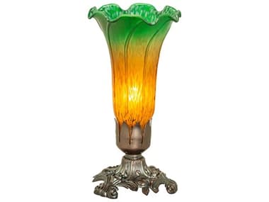 Meyda Pond Lily Mahogany Bronze Table Lamp with Amber Glass Green Shade MY10214
