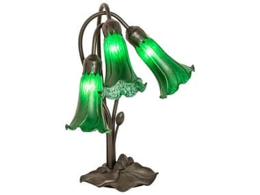 Meyda Pond Lily Mahogany Bronze Tiffany Table Lamp with Green Glass Shade MY136434