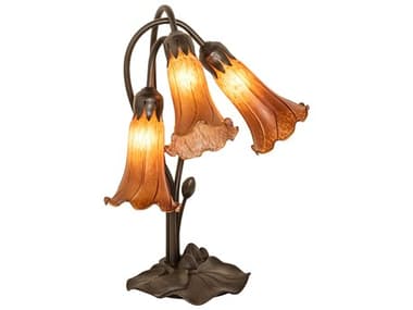 Meyda Pond Lily Mahogany Bronze Tiffany Table Lamp with Amber Glass Shade MY136435