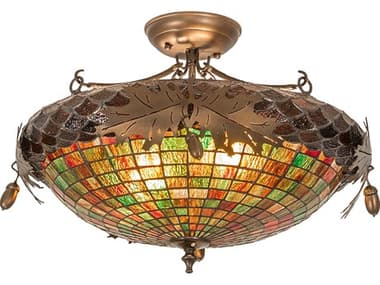 Meyda Greenbriar Oak 21" 2-Light Antique Copper Glass Tiffany Bowl Semi Flush Mount MY16547