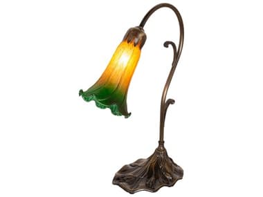 Meyda Pond Lily Antique Brass Table Lamp with Amber Glass Green Shade MY17014