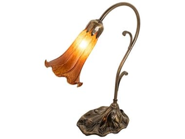 Meyda Pond Lily Antique Brass Table Lamp with Amber Glass Shade MY17031