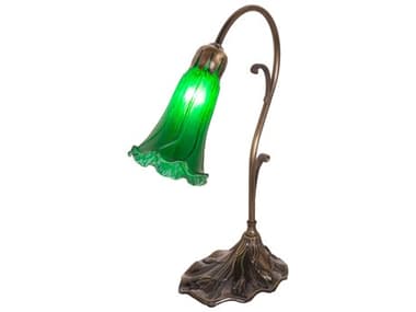 Meyda Pond Lily Antique Brass Glass Table Lamp with Green Shade MY17043