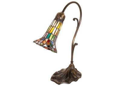 Meyda Stained Glass Pond Lily Mahogany Bronze Tiffany Table Lamp with Ruby Sunflower Green Blue Shade MY17866