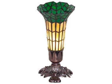 Meyda Pond Lily Mahogany Bronze Tiffany Table Lamp with Amber Glass Green Shade MY20230