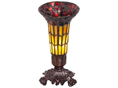 Meyda Pond Lily Mahogany Bronze Glass Tiffany Table Lamp with Ruby Sunflower Shade MY20232