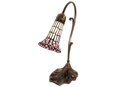 Meyda Pond Lily Antique Brass Glass Tiffany Table Lamp with Pink White Shade MY21810