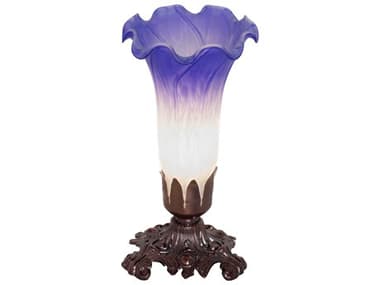 Meyda Pond Lily Mahogany Bronze Glass Table Lamp with Blue White Shade MY231540
