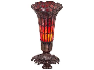 Meyda Pond Lily Mahogany Bronze Glass Tiffany Table Lamp with Ruby Shade MY239057