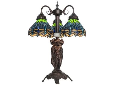Meyda Hanginghead Dragonfly Mahogany Bronze Glass Tiffany Table Lamp MY245483