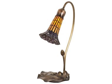 Meyda Pond Lily Antique Brass Tiffany Table Lamp with Violet Amber Glass Shade MY251552