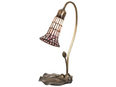 Meyda Pond Lily Antique Copper Glass Tiffany Table Lamp with Pink Shade MY251570